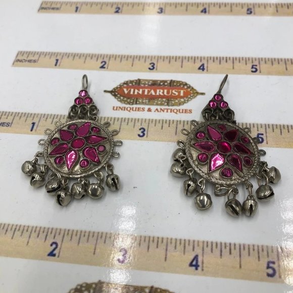 Afghan Kuchi Silver Dangle Jhumka Style Earrings With Purple Glass Stones - Picture 1 of 6